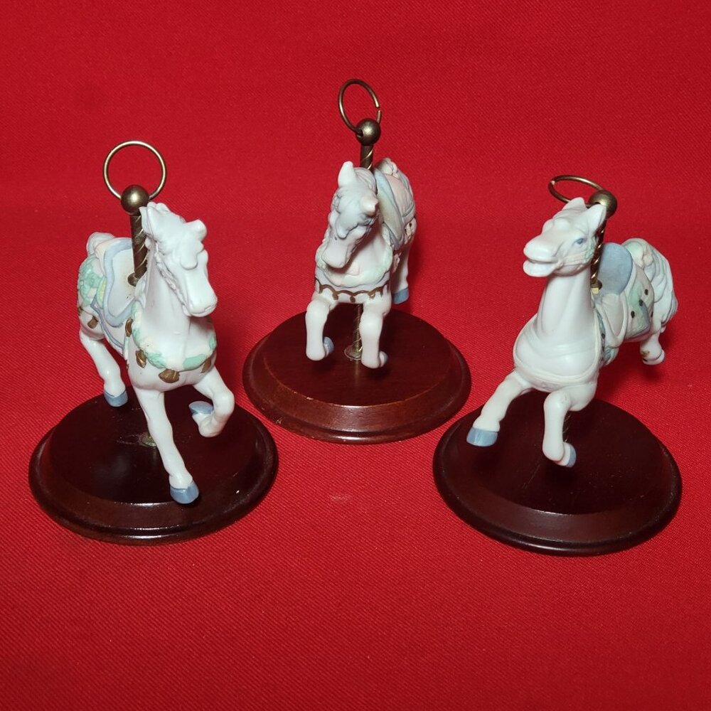 Vintage Bisque Porcelain Carousel Horse Wood Stand Lot of 3